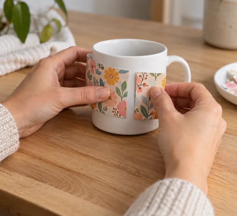 Mãos enrolando uma arte impressa na caneca e a emenda não fecha. Imagem ilustrativa