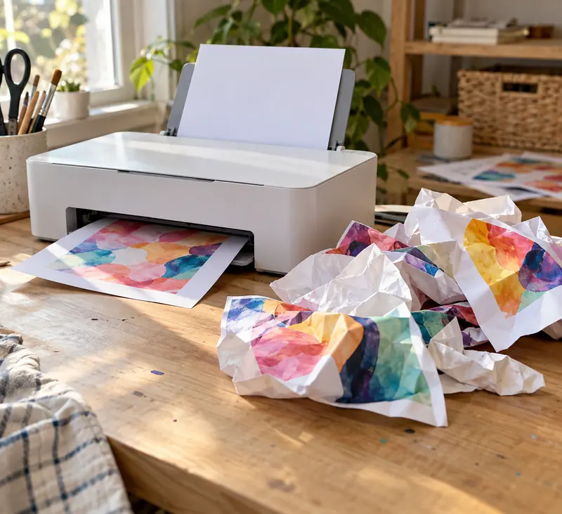 Folhas de papel de sublimação amassadas ao lado da impressora. Imagem ilustrativa