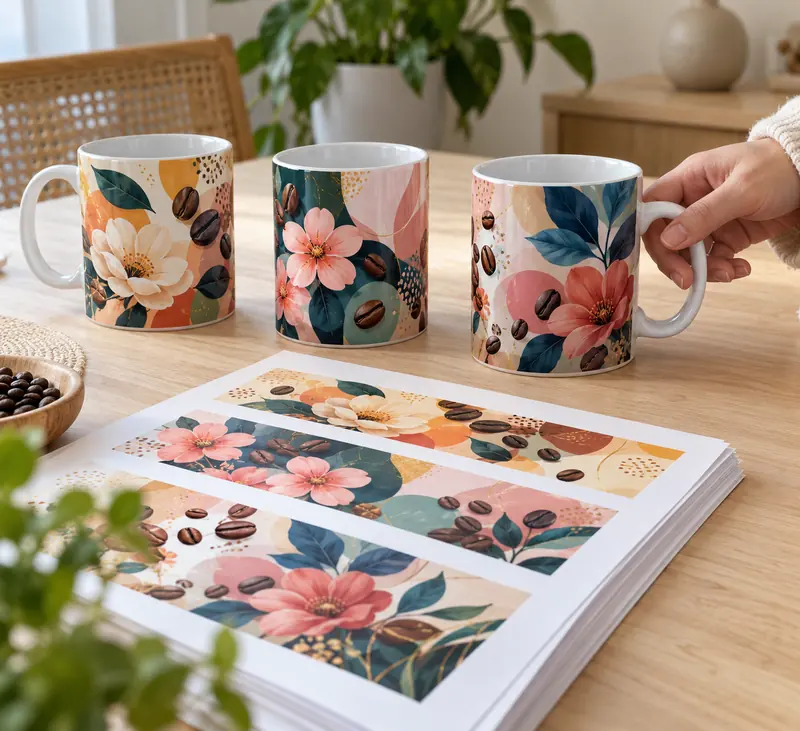 Três canecas brancas com estampa sublimada de flores e café ao lado de folhas impressas com artes de caneca. Imagem ilustrativa