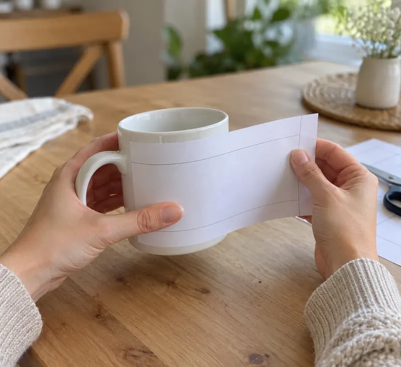 Mãos enrolando o gabarito de papel na caneca branca. Imagem ilustrativa