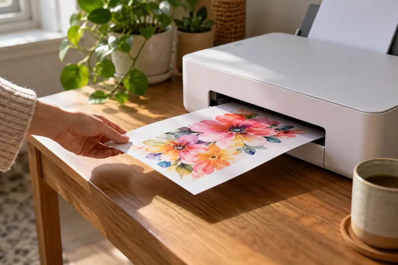 Impressora soltando a folha com arte de flores. Imagem ilustrativa