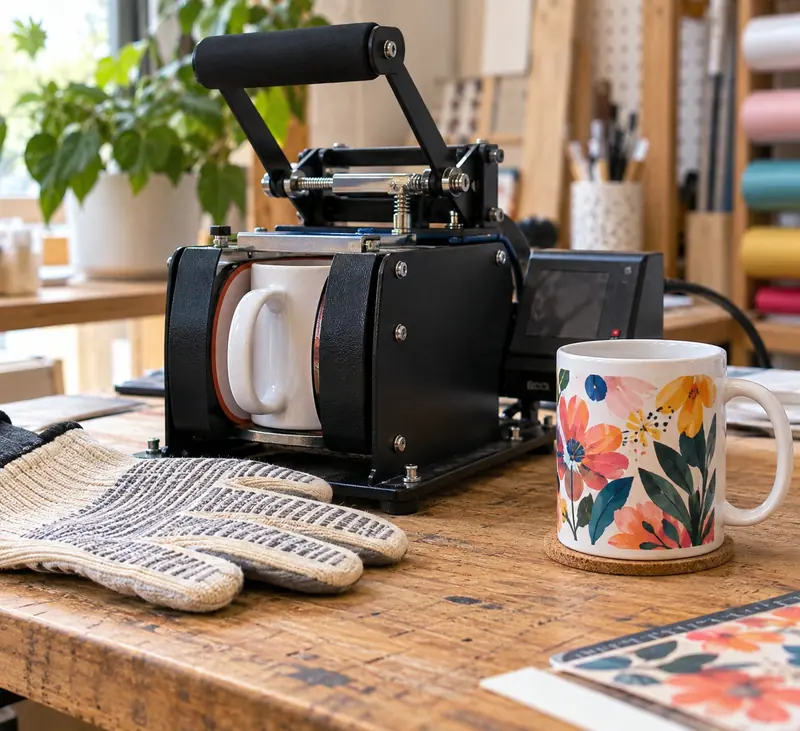 Prensa de caneca fechada e caneca estampada ao lado. Imagem ilustrativa