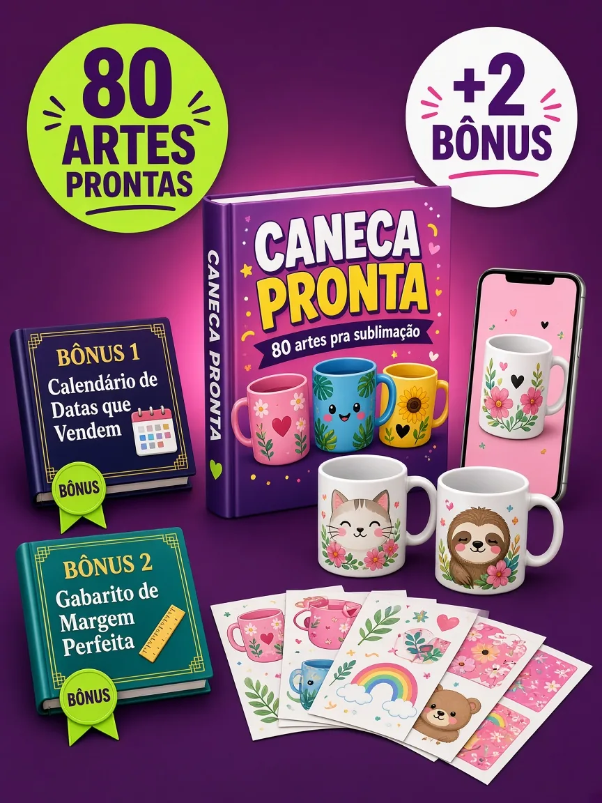 Montagem ilustrativa do Caneca Pronta: livro com a capa, canecas brancas estampadas, celular com uma arte e folhas com artes de caneca