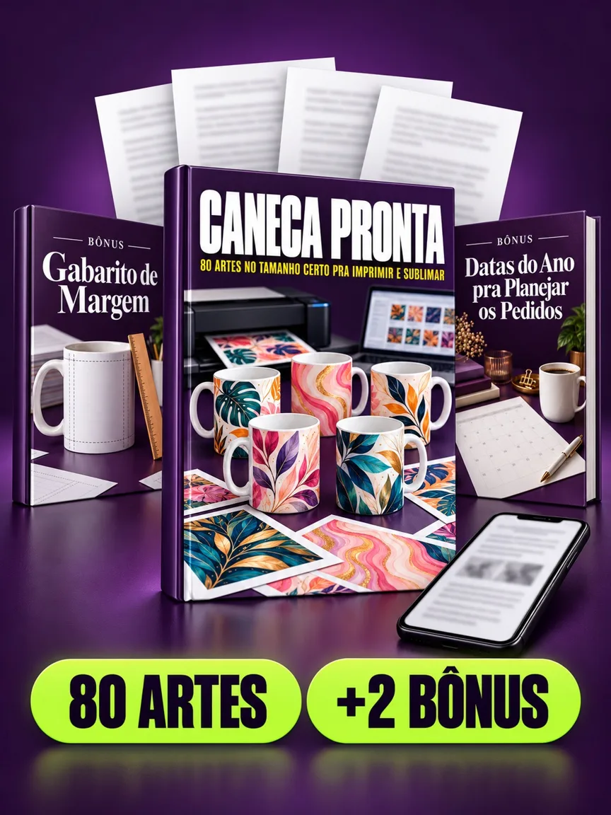 Montagem ilustrativa do Caneca Pronta: livro com a capa, páginas do material e celular e capas dos bônus