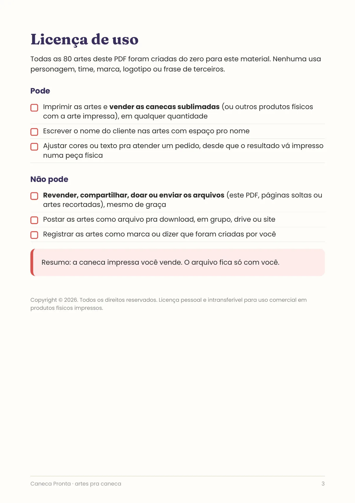 Página real do PDF Caneca Pronta: licença de uso